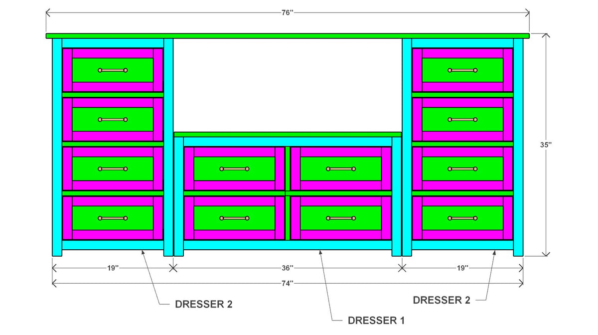 Dresser TV Stand Plan 76" x 18" x 35" – front drawing