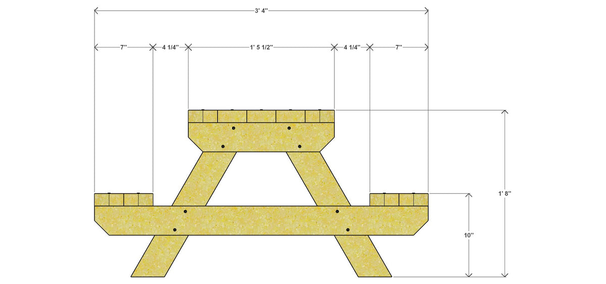 Kids' Picnic Table Plan 40" x 36" x 20" – side drawing