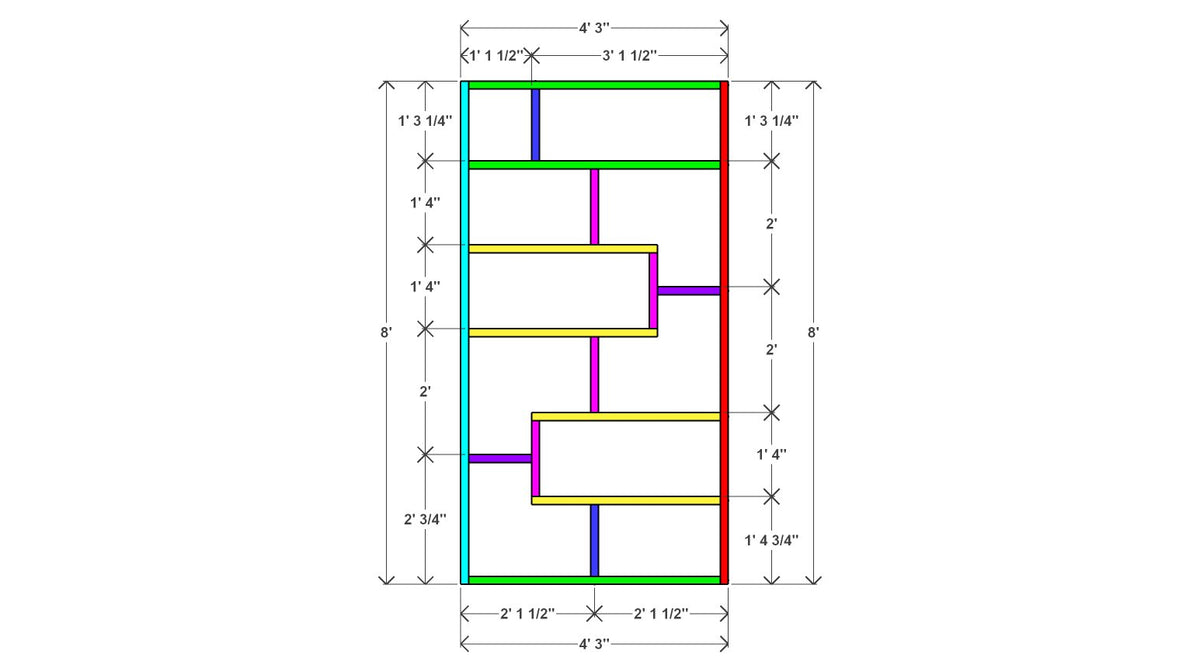 Tall Cubby Bookshelf Plan 51" x 11.25" x 96" – front drawing