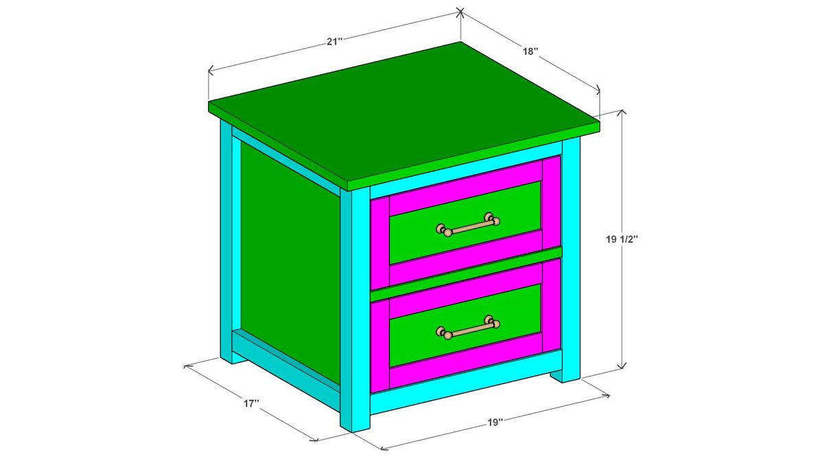 2-Drawer Nightstand Plan 17" x 19" x 19.5" – 3d view drawing