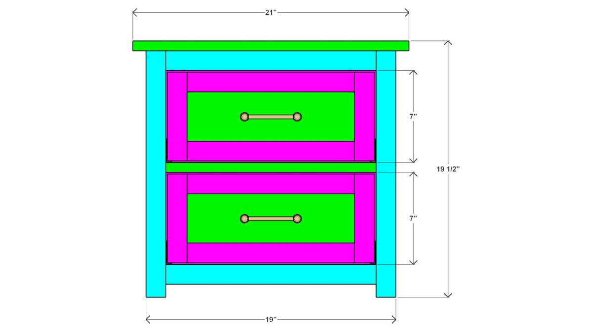 2-Drawer Nightstand Plan 17" x 19" x 19.5" – front drawing