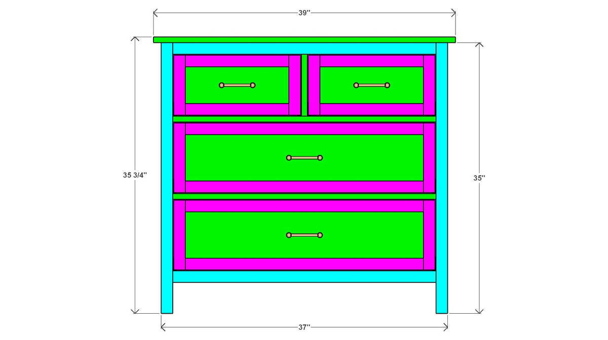 4-Drawer Chest Dresser Plan 17" x 37" x 35" – front drawing
