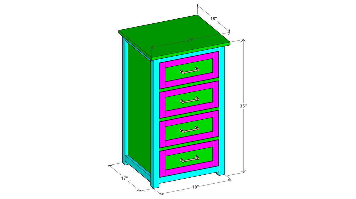 4-Drawer Tall Chest Plan 17" x 19" x 35" – 3d view drawing