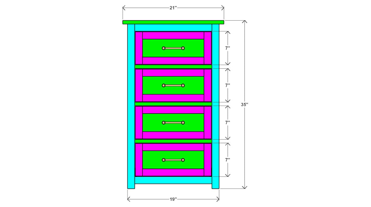 4-Drawer Tall Chest Plan 17" x 19" x 35" – front drawing