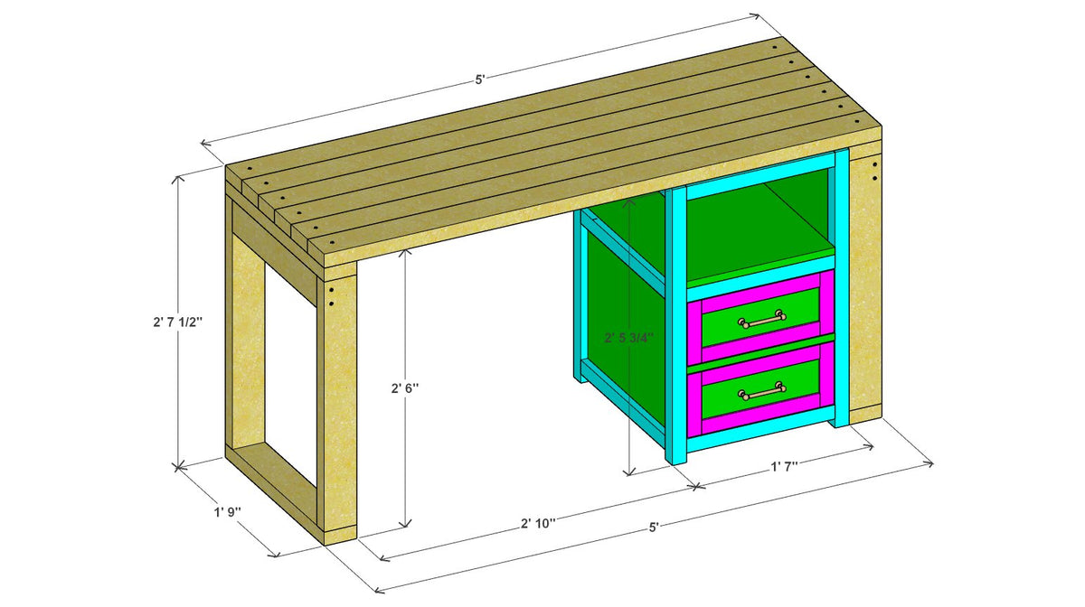 60" Computer Desk with Two Drawers and Open Shelf Plan – 3d view drawing