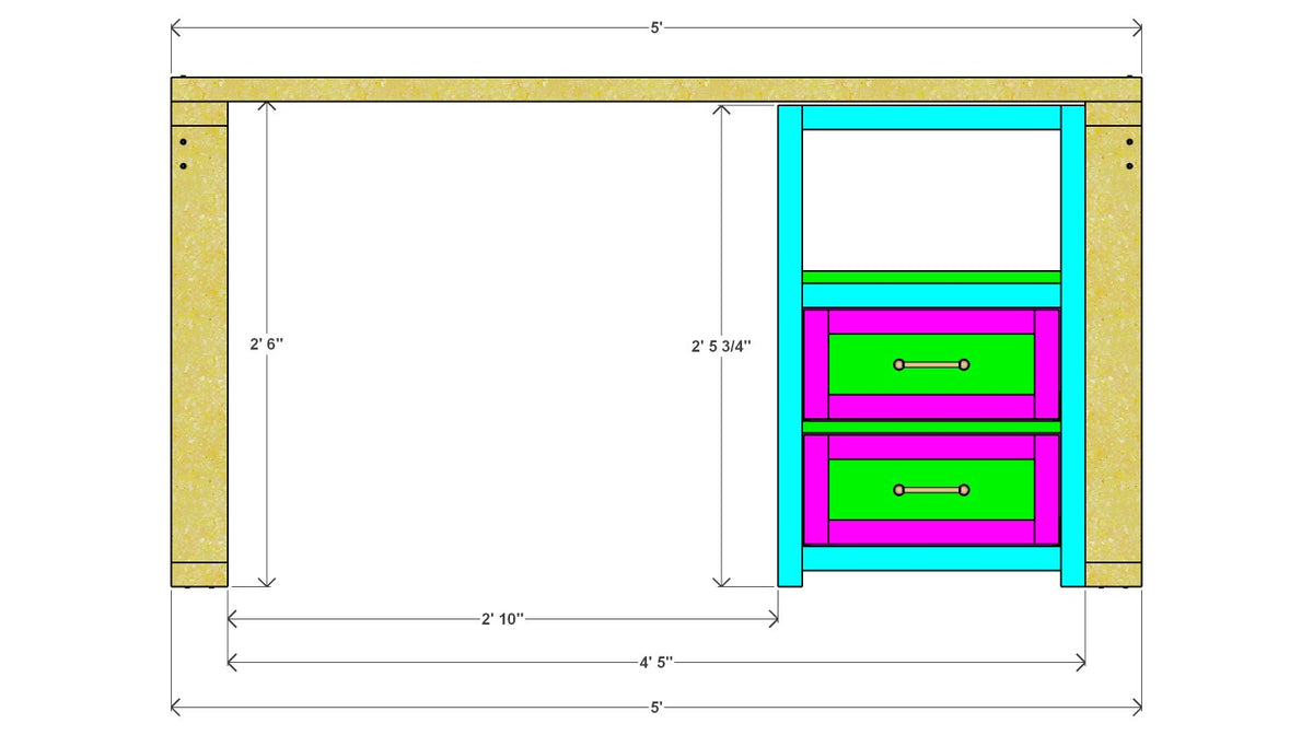 60" Computer Desk with Two Drawers and Open Shelf Plan – front drawing