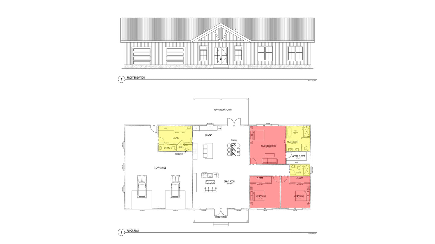 BD0002: Barndominium House 84'x56' - 3 Bedroom, 3 Bathroom, Garage 2 car