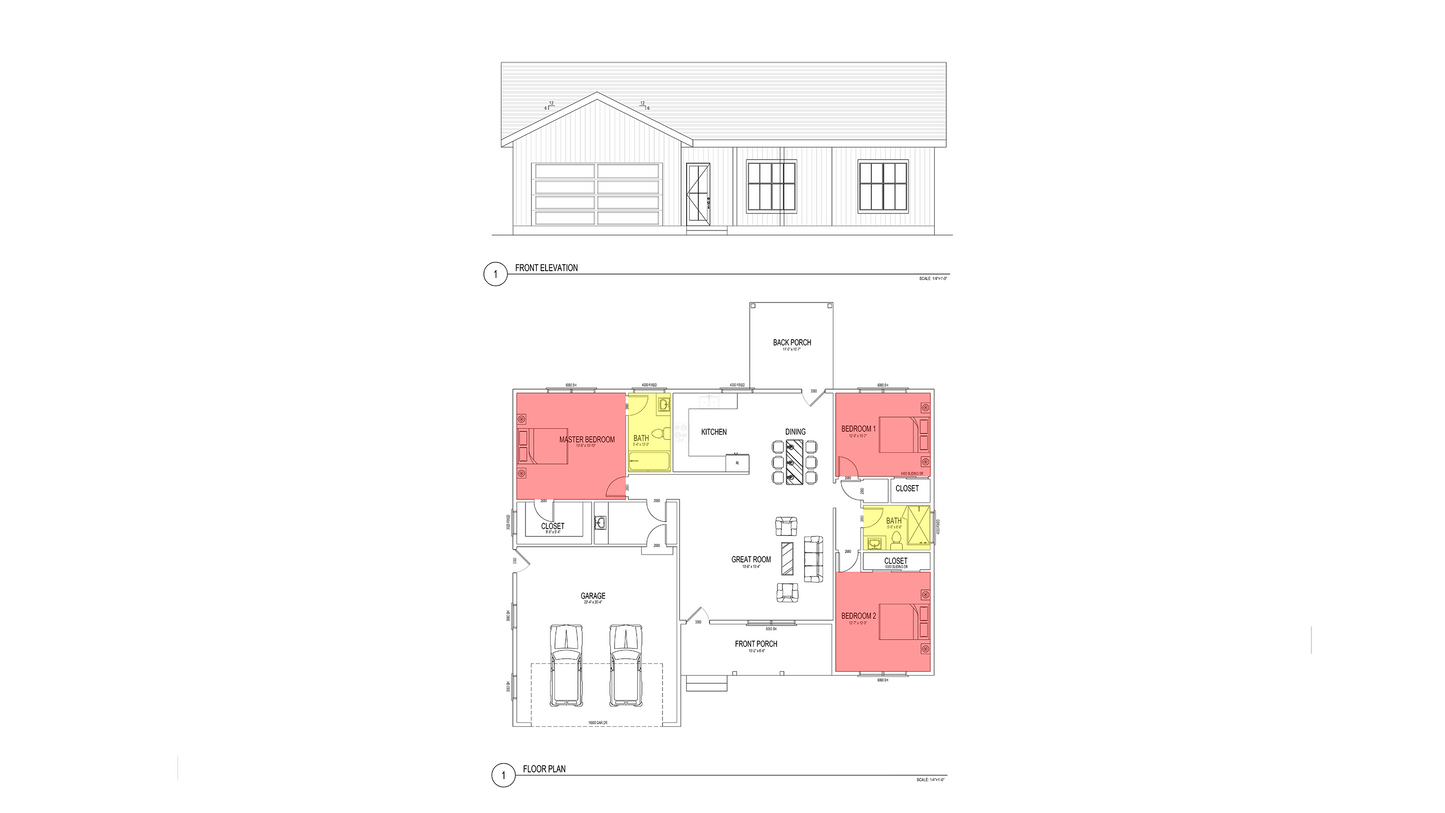 FH0010: Farmhouse 53.5'x43' - 3 Bedroom, 2 Bathroom, Garage 2 car