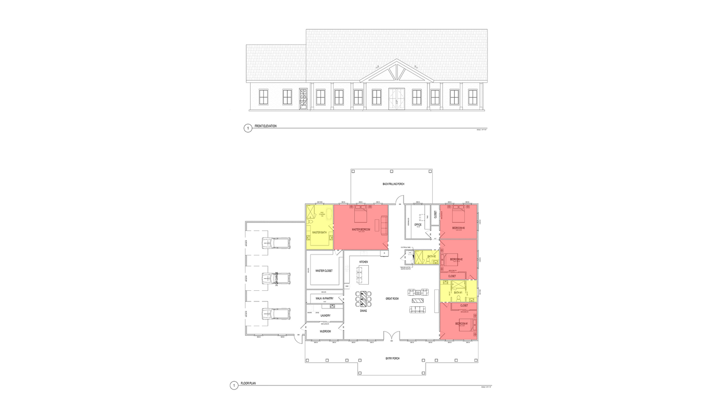 BD0001: Barndominium House 86'x76' - 4 Bedroom, 3 Bathroom, Garage 3 car