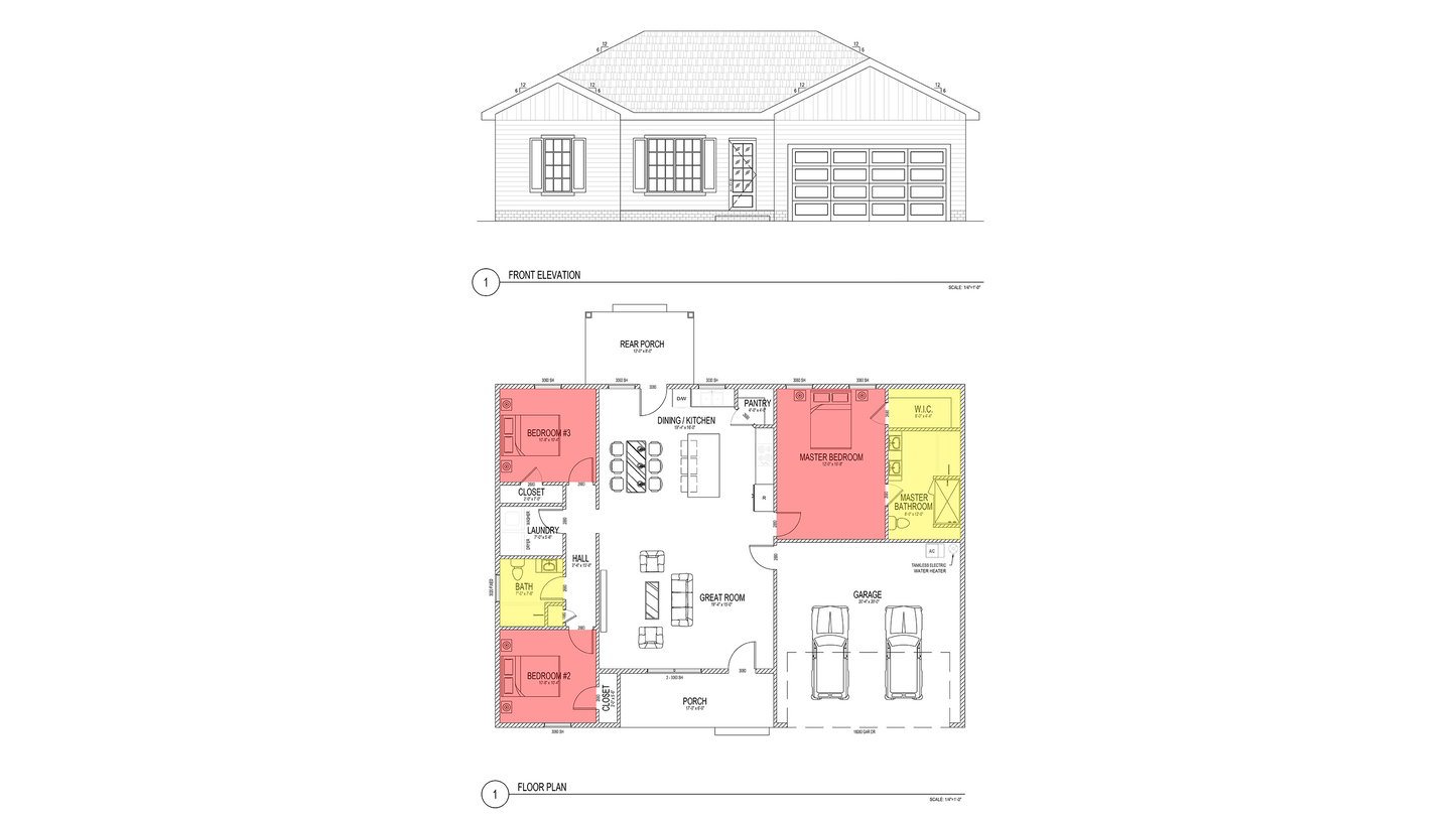 BD0015: Barndominium House 46'x52' - 3 Bedroom, 2 Bathroom, Carport 2 car