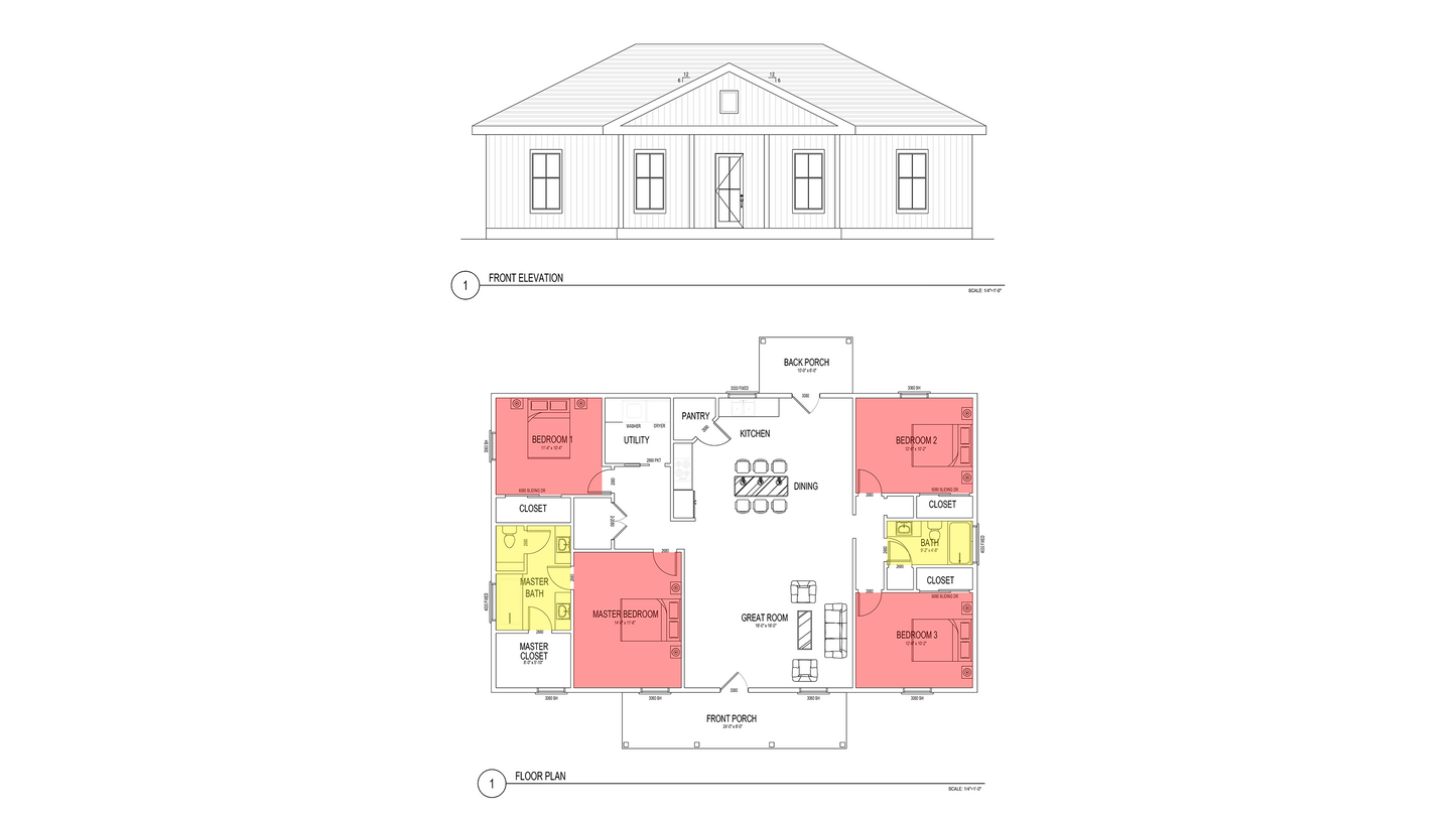 BD0014: Barndominium House 52'x44' - 4 Bedroom, 2 Bathroom