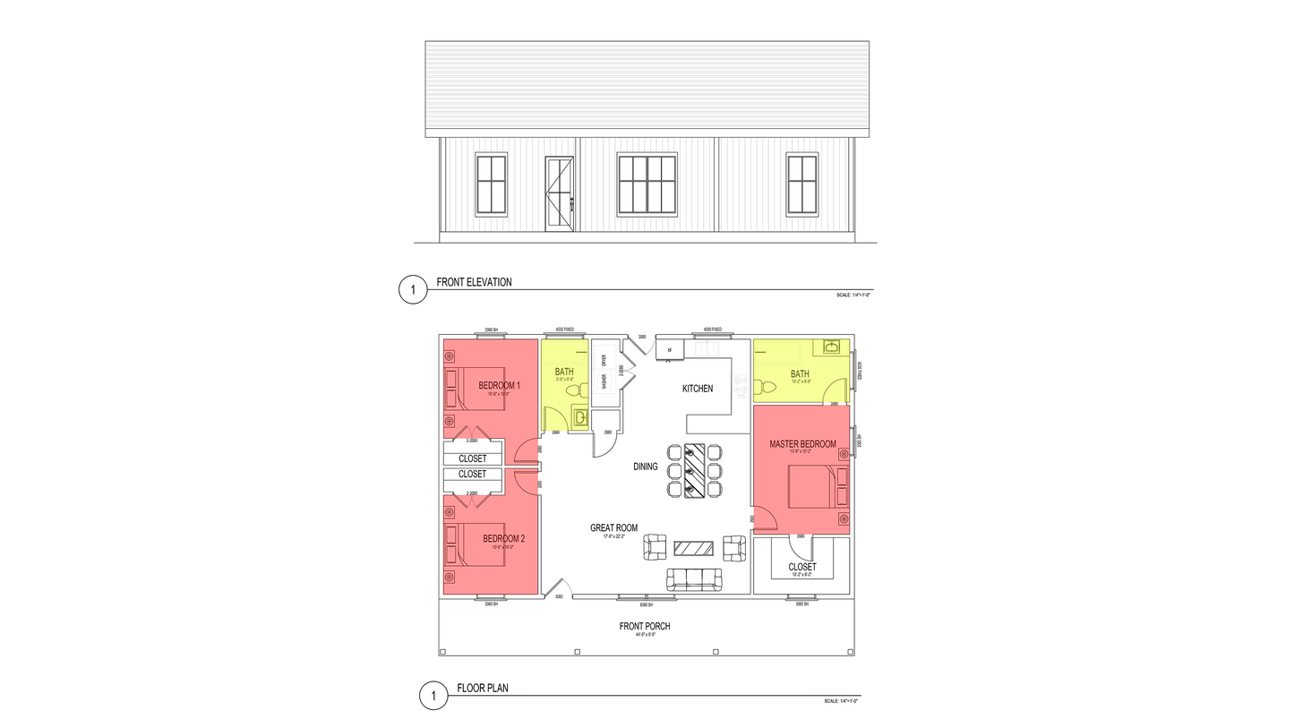 FH0012: Farmhouse 34'x44' - 3 Bedroom, 2 Bathroom