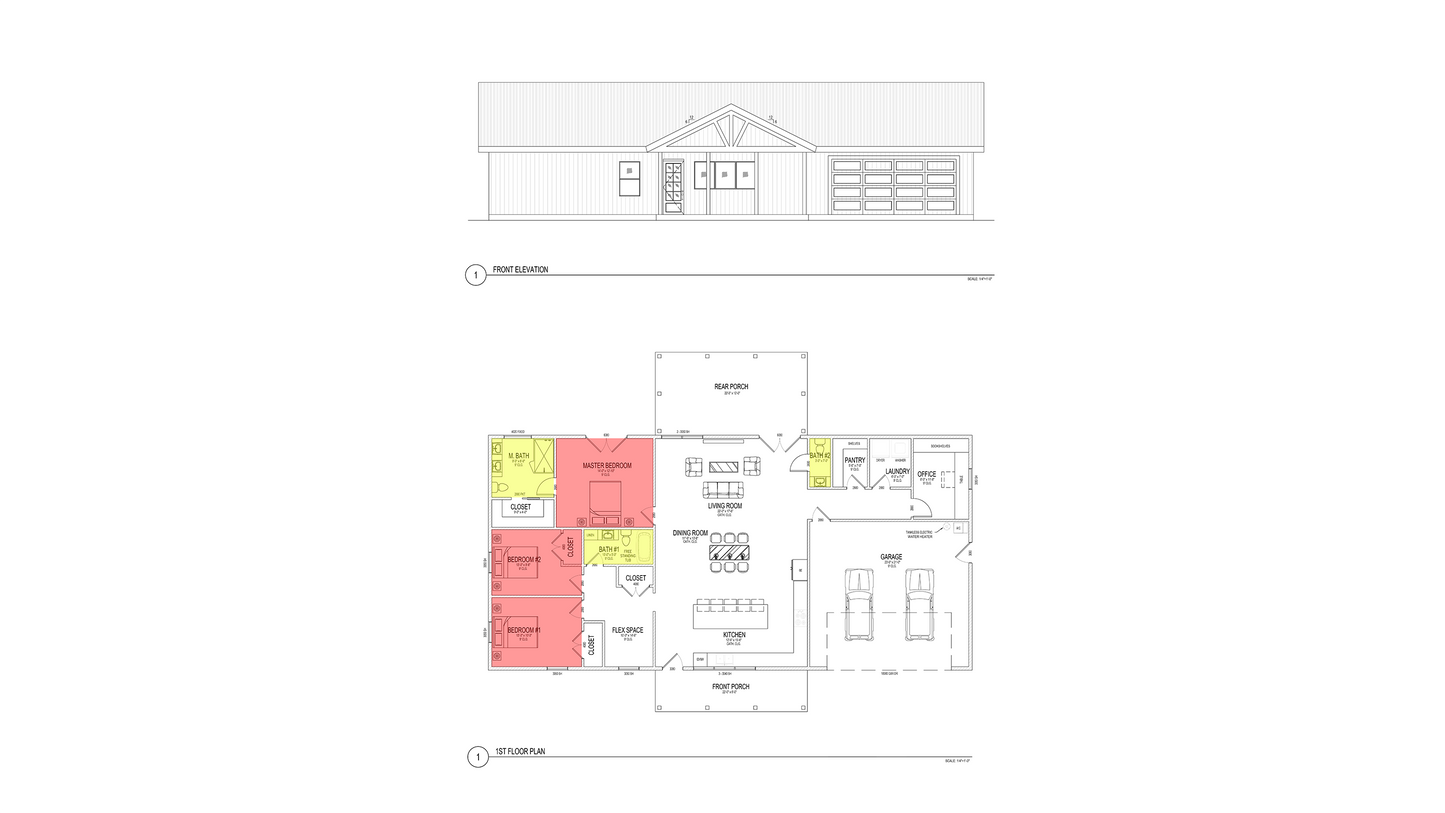 BD0005: Barndominium House 70'x52' - 3 Bedroom, 3 Bathroom, Garage 2 car