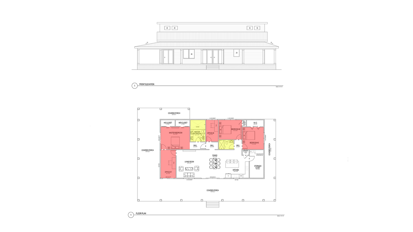 BD0008: Barndominium House 74'x50' - 3 Bedroom, 2 Bathroom, 2 Office