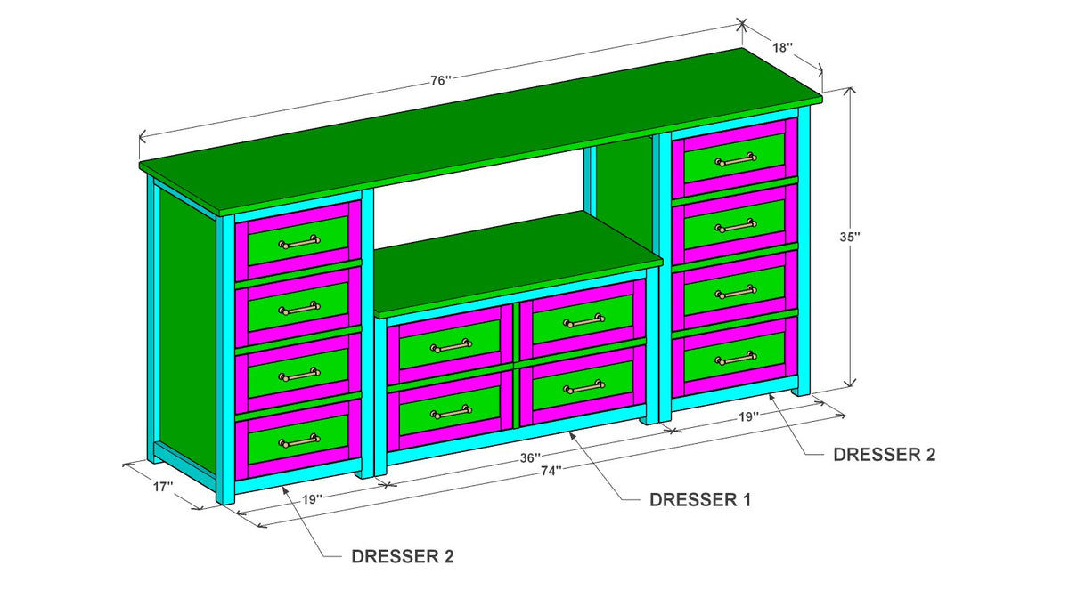 Dresser TV Stand Plan 76" x 18" x 35" – 3d view drawing