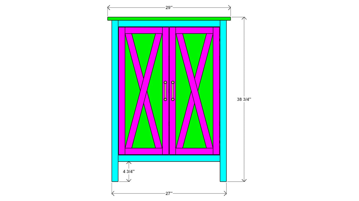 Farmhouse Shoe Cabinet Plan 14" x 29" x 38.75" – front drawing