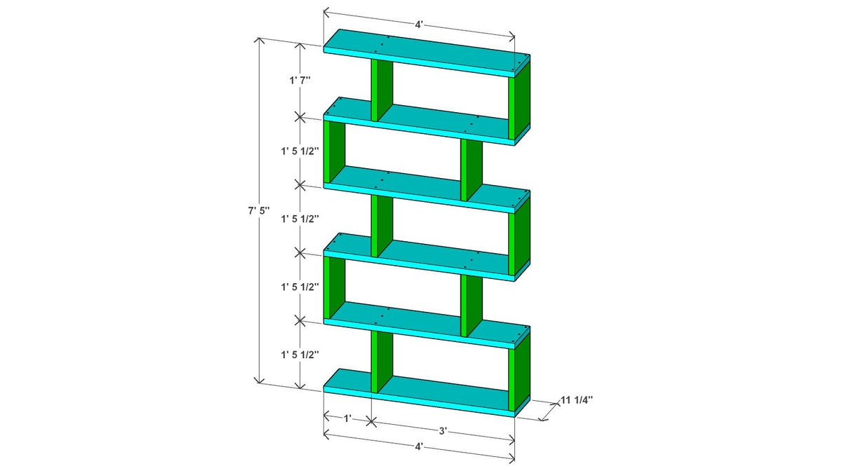 Geometric Wood Bookshelf Plan 48" x 11.25" x 89" – 3d view drawing