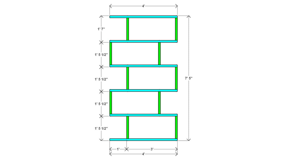 Geometric Wood Bookshelf Plan 48" x 11.25" x 89" – front drawing