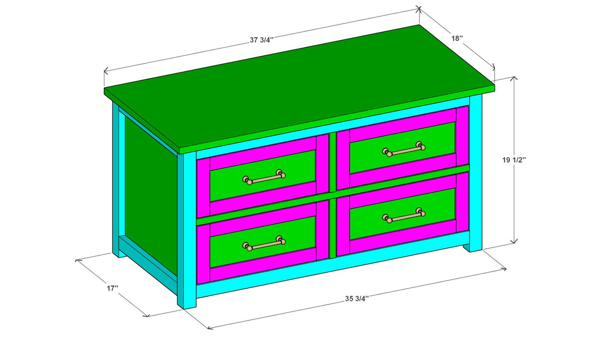 Modern Farmhouse 4-Drawer Dresser Plan 17" x 35.75" x 19.5" – 3d view drawing