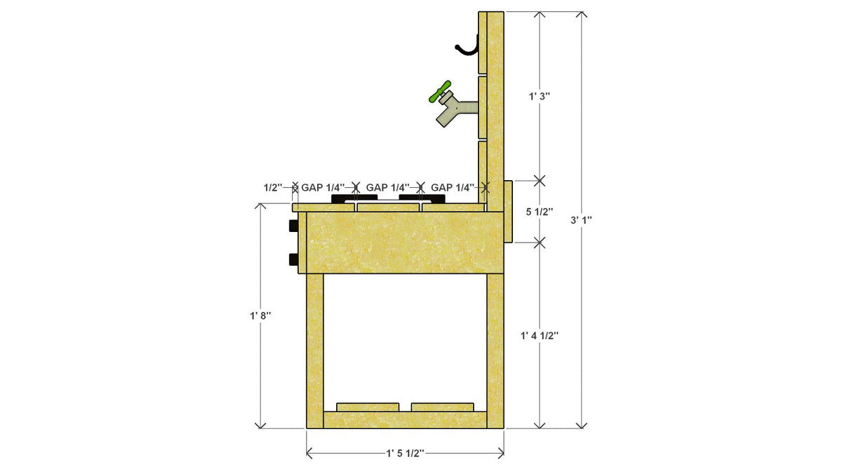 Mud Kitchen Plan with 2 TROFAST Bins 44" x 19.5" x 37" – side drawing