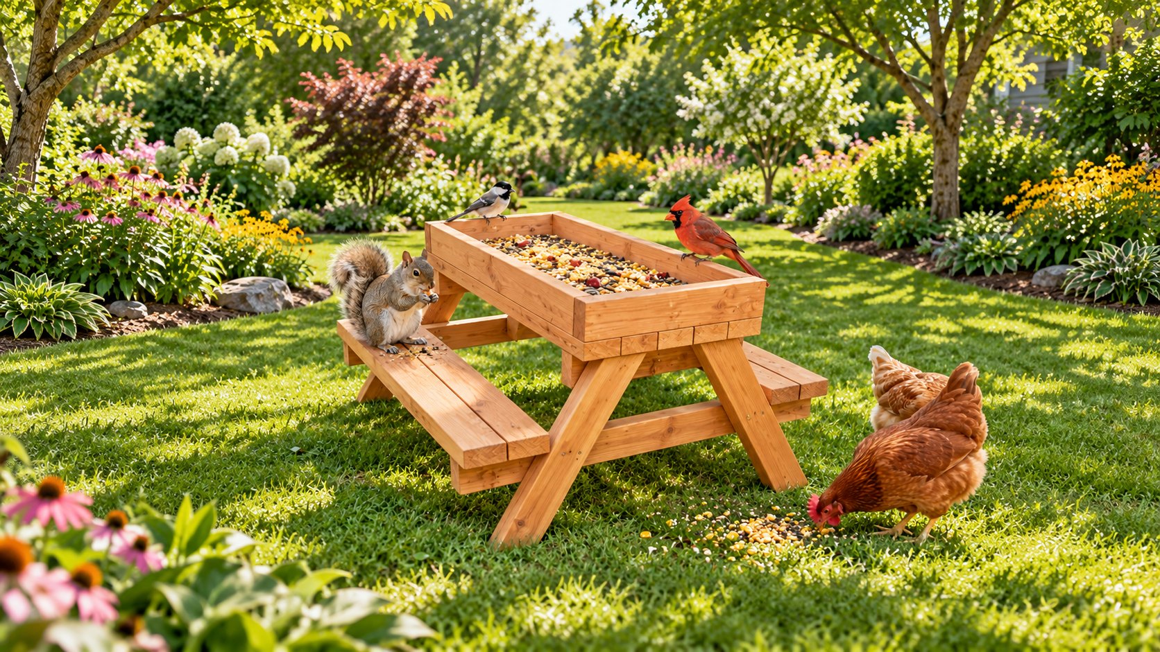 Picnic Table Feeder for Chickens, Wild Birds, Ducks & Squirrels DIY plan