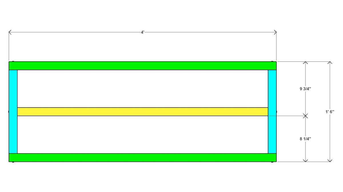 Shoe Bench Plan 48" x 11.25" x 18" – front drawing