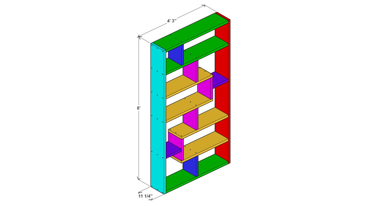 Tall Cubby Bookshelf Plan 51" x 11.25" x 96" – 3d view drawing