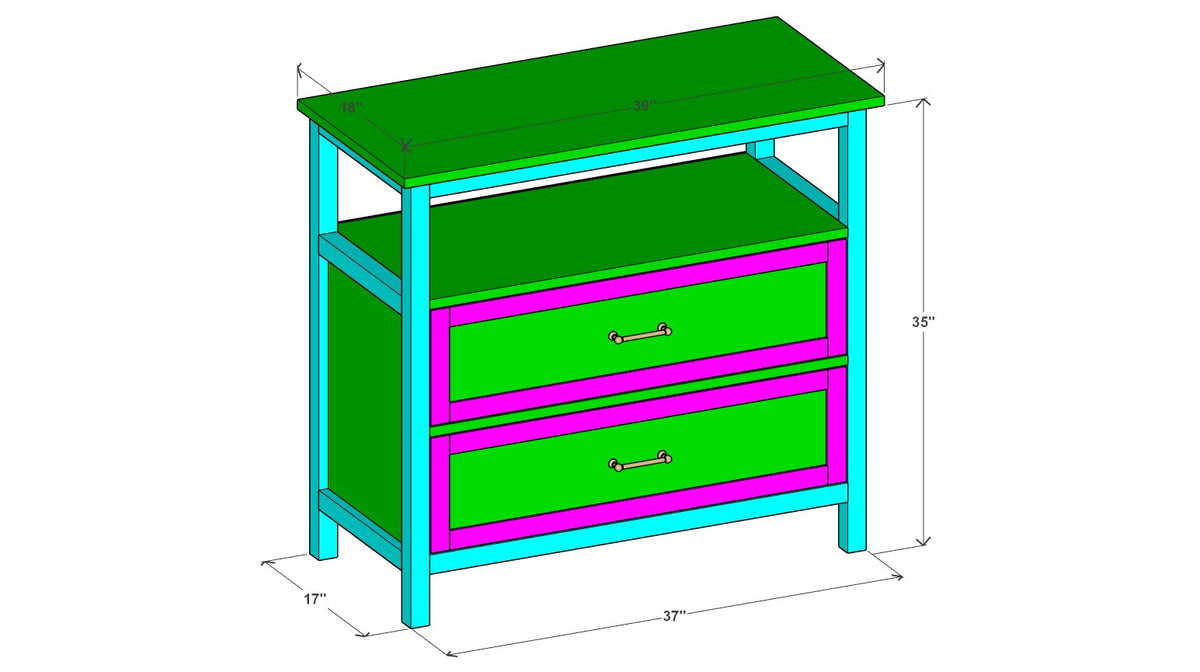 Two-Drawer Console Table with Open Shelf Plan 17" x 37" x 35" – 3d view drawing