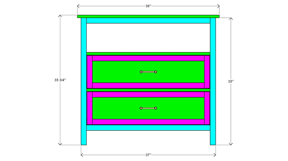 Two-Drawer Console Table with Open Shelf Plan 17" x 37" x 35" – front drawing