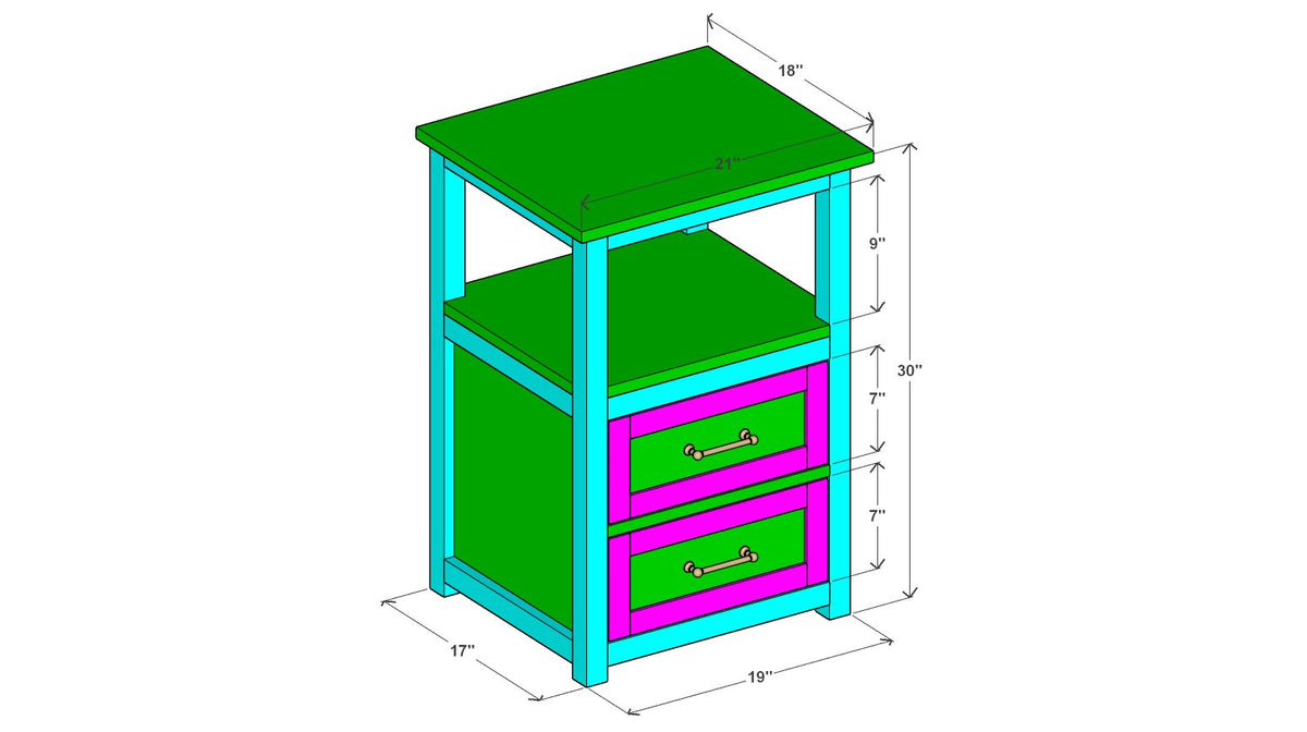 Two-Drawer Nightstand with Open Shelf Plan 17" x 19" x 30" – 3d view drawing