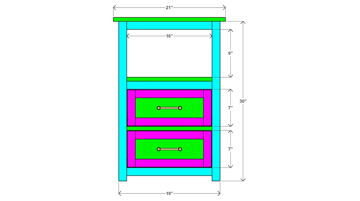 Two-Drawer Nightstand with Open Shelf Plan 17" x 19" x 30" – front drawing